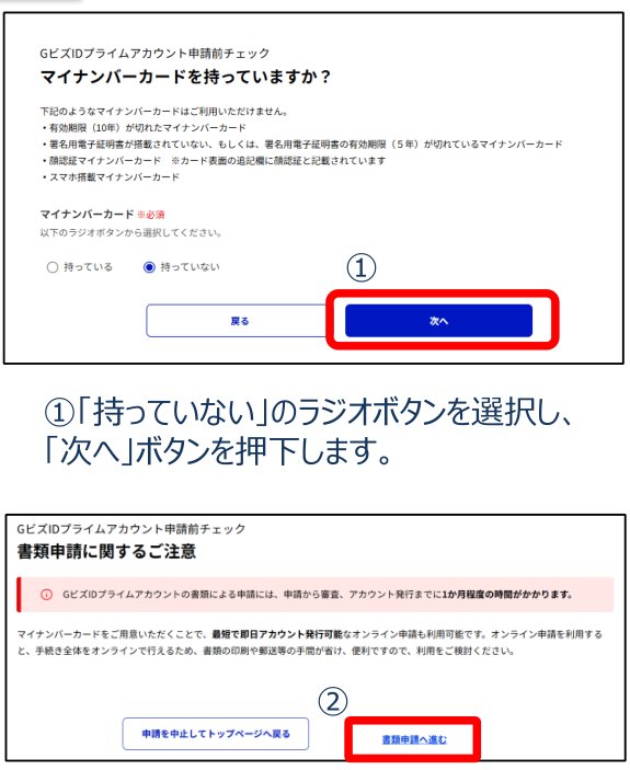 「持っていない」→「書類申請へ進む」(出典:GビズID公式クイックマニュアル)